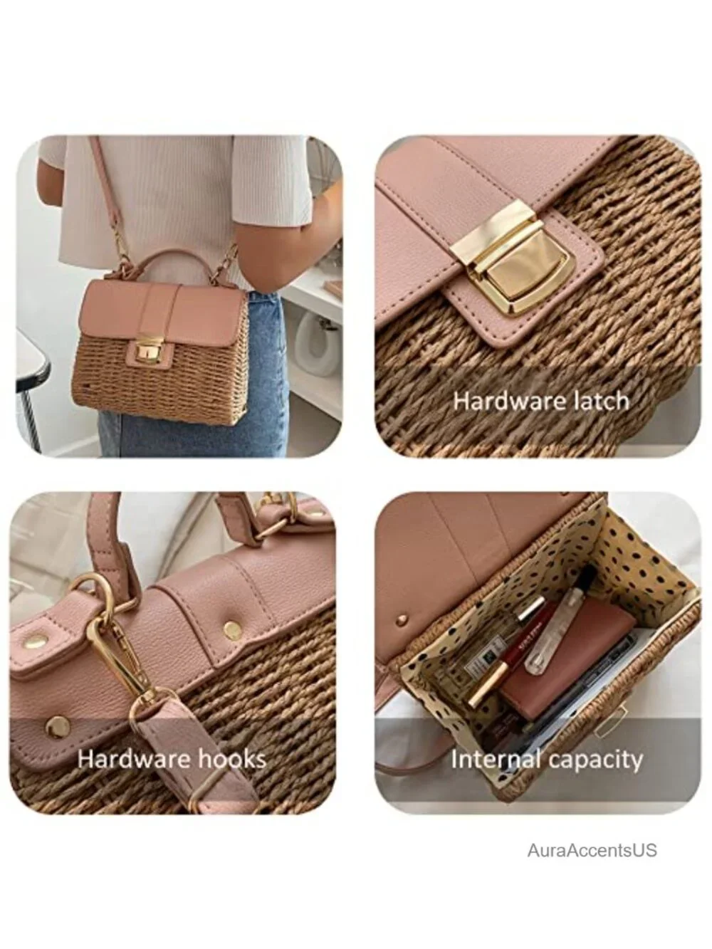 Small Straw Crossbody Bag Rattan Woven Top Handle Handbag Envelope Purse